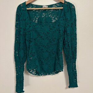 Free People Intimately Free Green Lace Longsleeve Top, M